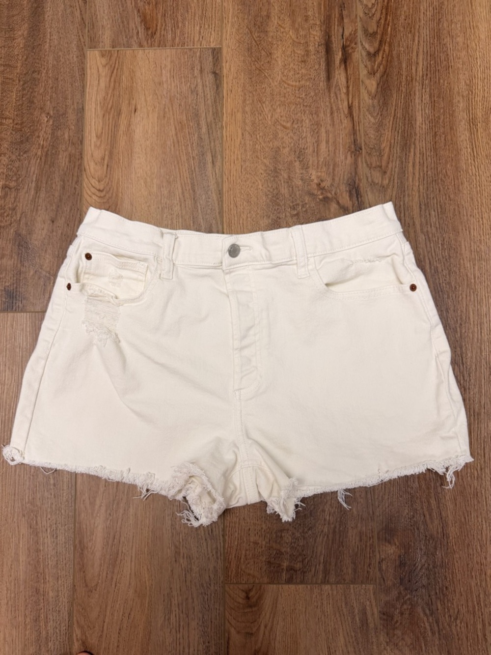 Cello White Distressed Denim Shorts Women XL Raw Hem Button Fly Boutique Hi Rise